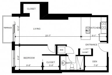 One bedroom plus den, one bathroom apartment layout at Yello On Yates in Victoria, BC