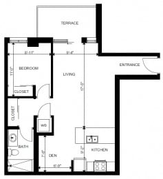 One bedroom plus den, one bathroom apartment layout at Yello On Yates in Victoria, BC