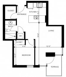 One bedroom, one bathroom apartment layout at Yello On Yates in Victoria, BC