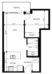 One bedroom, one bathroom apartment layout at Yello On Yates in Victoria, BC