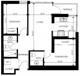 Two bedroom, two bathroom apartment layout at Yello On Yates in Victoria, BC