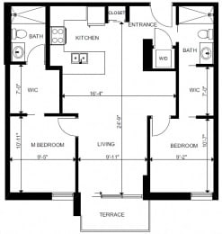Two bedroom, two bathroom apartment layout at Yello On Yates in Victoria, BC