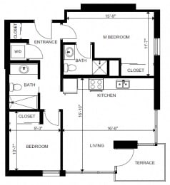 Two bedroom, two bathroom apartment layout at Yello On Yates in Victoria, BC