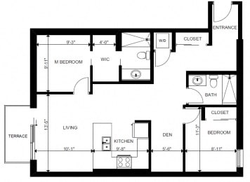 Two bedroom plus den, two bathroom apartment layout at Yello On Yates in Victoria, BC