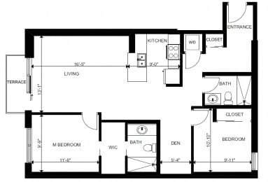Two bedroom plus den, two bathroom apartment layout at Yello On Yates in Victoria, BC
