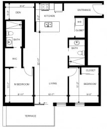 Two bedroom plus den, two bathroom apartment layout at Yello On Yates in Victoria, BC