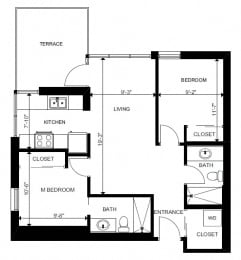 Two bedroom, two bathroom apartment layout at Yello On Yates in Victoria, BC