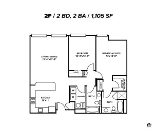 2 bed 1.5 bath 2F Floor Plan at Symphony Center Apartments, Baltimore