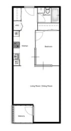 Floor plan of a 1 bed, 1 bath apartment at Novare in New Westminster, BC