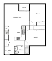 Floor plan of a 2 bed, 1 bath apartment at Novare in New Westminster, BC