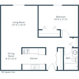 Woodland Apartments | One Bedroom Floor Plan