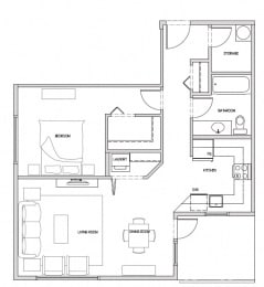 One bedroom, one bathroom apartment layout at Hoylake Apartments in Victoria, BC