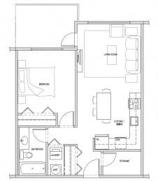 One bedroom, one bathroom apartment layout at Hoylake Apartments in Victoria, BC