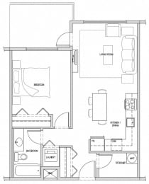 One bedroom, one bathroom apartment layout at Hoylake Apartments in Victoria, BC
