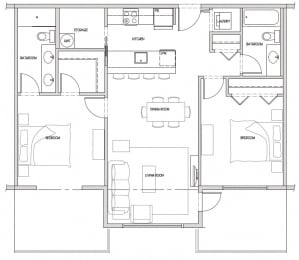 Two bedroom, two bathroom apartment layout at Hoylake Apartments in Victoria, BC