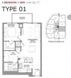One bedroom plus den, one bathroom apartment layout at Cityview Apartments in Brampton, ON
