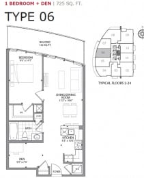 One bedroom plus den, one bathroom apartment layout at Cityview Apartments in Brampton, ON