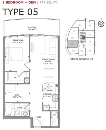 One bedroom plus den, one bathroom apartment layout at Cityview Apartments in Brampton, ON