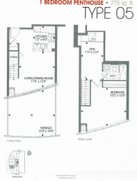 One bedroom plus den, one bathroom apartment layout at Cityview Apartments in Brampton, ON