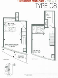 One bedroom, one bathroom apartment layout at Cityview Apartments in Brampton, ON