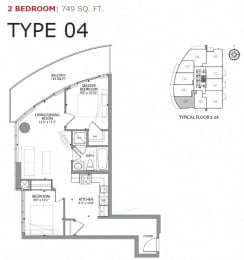 Two bedroom, one bathroom apartment layout at Cityview Apartments in Brampton, ON