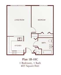 1-bedroom senior apartment floor plan at Park View at Colonial Landing in Elkridge, MD, featuring a spacious layout with natural light, fully equipped kitchen, emergency pull cords, and individually controlled heating and air conditioning—ideal for adults age 62 and better in an award-winning active adult community.