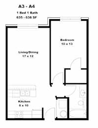 A floor plan of a small apartment with a living room, kitchen, and bedroom.