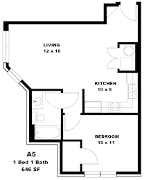 A floor plan of a small apartment with a living room, kitchen, and bedroom.