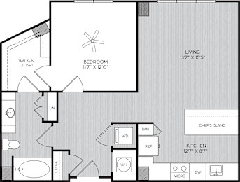 A3 One Bedroom Floor Plan with No Balcony at Apartments in Vinings