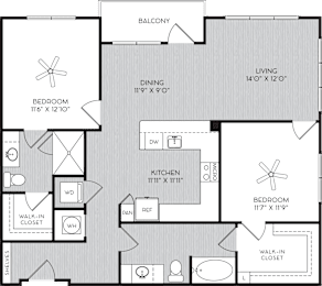B2a Two Bedroom Floor Plan with Balcony at Apartments in Vinings