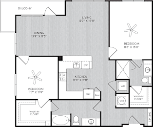 B2c Two Bedroom Floor Plan with Corner Balcony at Apartments in Vinings