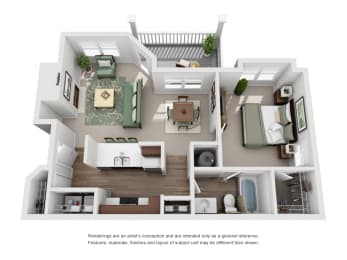 The Nighthawk Floor Plan; A one bedroom, one bathroom apartment floor plan at Eagles Landing Apartments, Westminster, CO, 80021