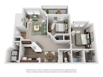 The Osprey Floor Plan; A two bedroom, one bathroom apartment floor plan at Eagles Landing Apartments, Westminster, CO