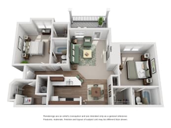 The Eagle Floor Plan; A two bedroom, two bathroom apartment floor plan at Eagles Landing Apartments, Westminster, 80021