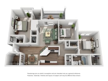 The Falcon Floor Plan; A three bedroom, two bathroom apartment floor plan at Eagles Landing Apartments, Westminster, Colorado