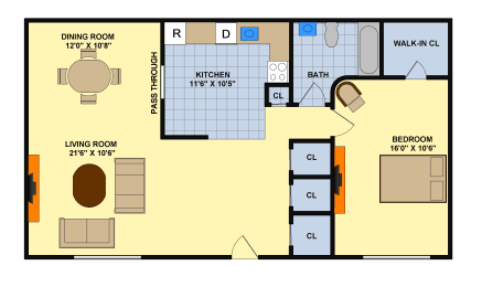 One Bedroom (Downstairs) Floorplan