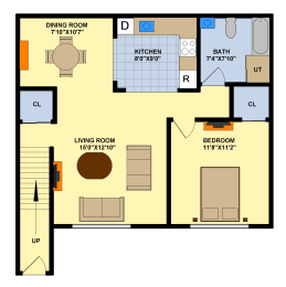 1BR Up Building 1 and 2 Floor Plan at Brookwood at Oakdale 55+, Oakdale, NY, 11769