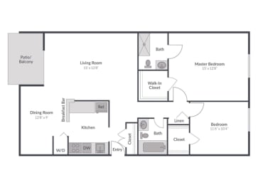 2 Bedroom 2 Bath Floor Plan at The Brook at Columbia, Columbia, MD