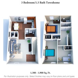 3 bedroom 1.5. bath floor plan A at Walnut Creek Townhomes, Cincinnati