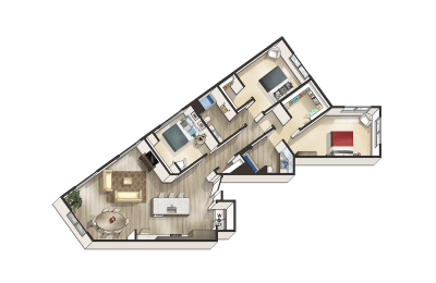 M - 3 Bedroom 2 Bath Floor Plan Layout - 1562 Square Feet at MODE, San Mateo, 94403