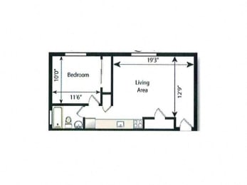 A floor plan of a small apartment with a bedroom and a living area.