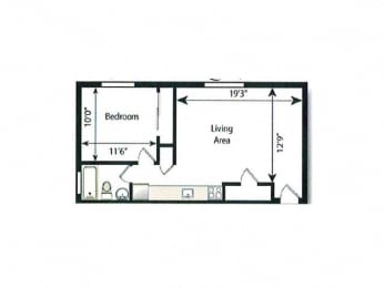 A floor plan of a small apartment with a bedroom and a living area.
