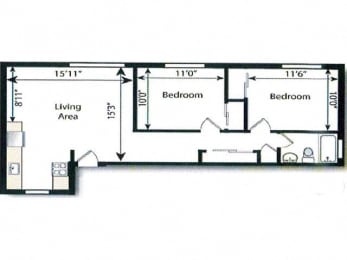 A drawing of a house layout with two bedrooms and a living area.