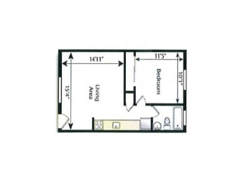 A floor plan of a small apartment with a living room, bedroom, and bathroom.