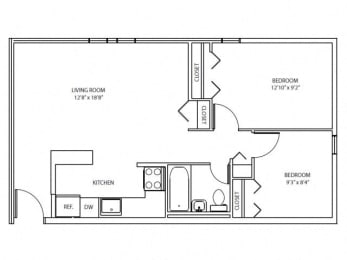 2 Bedroom, 1 Bathroom Floorplan
