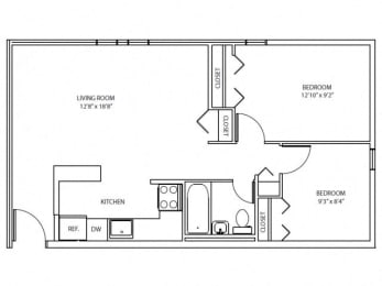 2 Bedroom, 1 Bathroom Floorplan