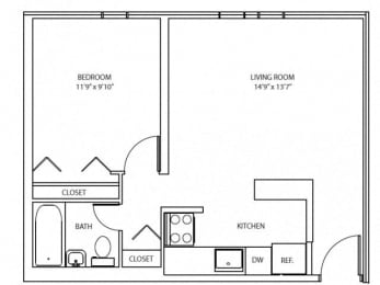 1 Bedroom, 1 Bathroom Floorplan