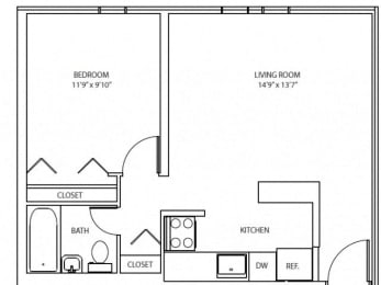 1 Bedroom, 1 Bathroom Floorplan