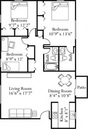  Floor Plan Three Bedroom Two and a Half Bathrooms