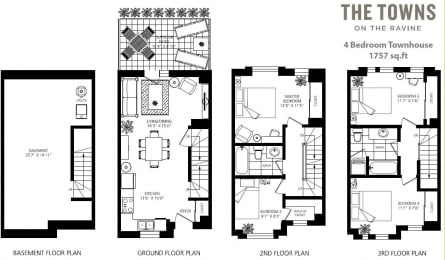 Floor plan of 4 bedroom, 2 bath townhouse at Towns on the Ravine in North York, ON